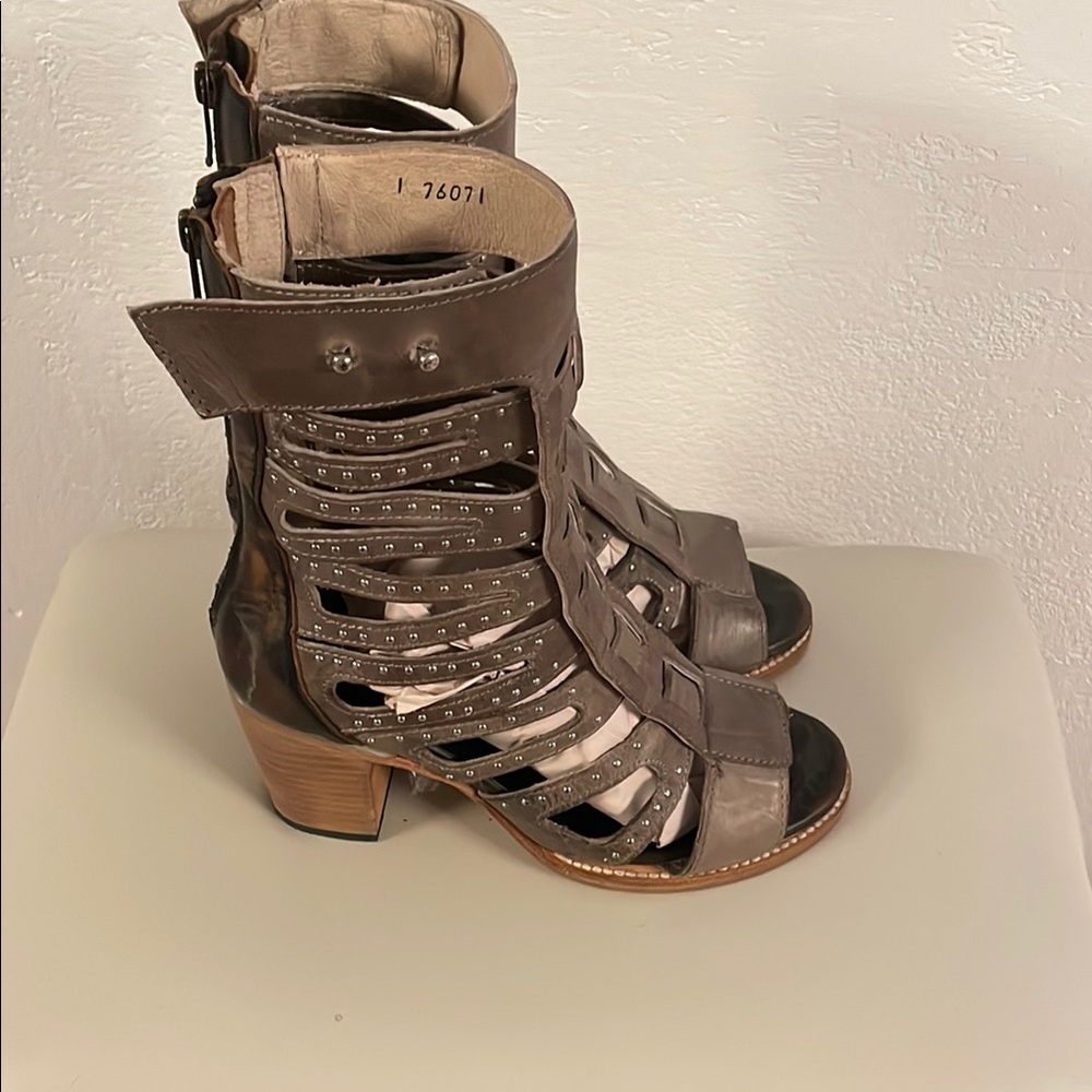 - Freebird by Steven Leather Brown Heeled Studded Sandals Lotus